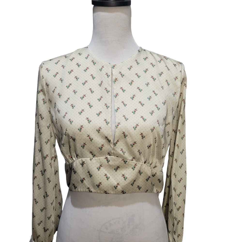 Zara satin long sleeve crop blouse ivory with floral and dot print size small